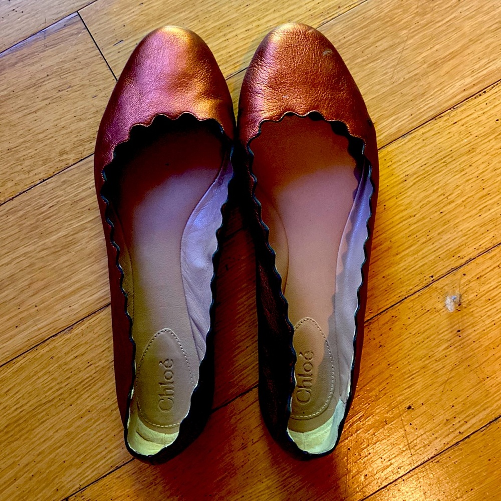 Chloe Lauren Scalloped Bronze Orange Metallic Leather Flats 38.5